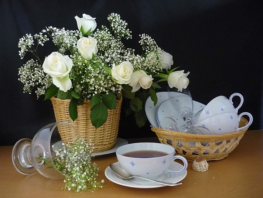still life, graphy, tea, beautiful, cups, basket, elegant, delicate, white roses, flowers, flower bouquet, drink HD wallpaper