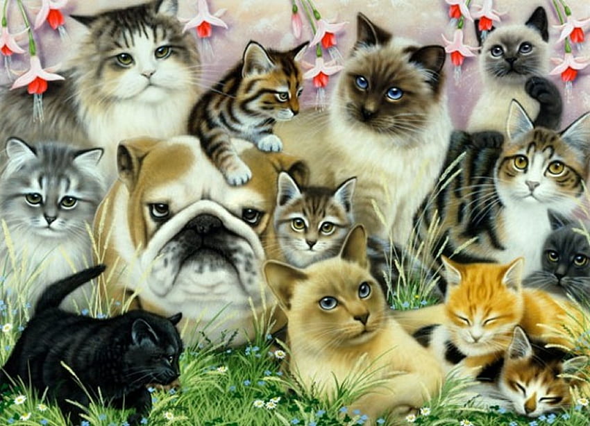 Por Howard Robinson, perro, gatito, dulce, animal, arte, howard robinson, gato, cachorro, pintura, naturaleza, mascota fondo de pantalla
