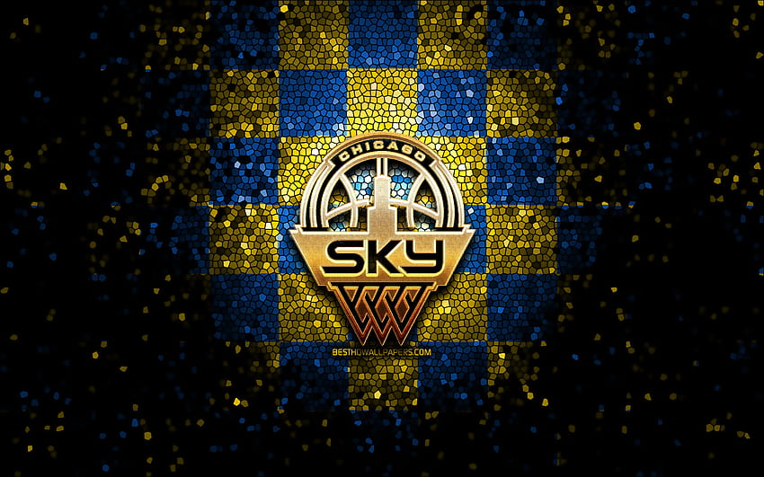 Chicago Sky, parıltılı logo, WNBA, sarı, mavi damalı arka plan, basketbol, ​​amerikan basketbol takımı, Chicago Sky logosu, mozaik sanatı HD duvar kağıdı