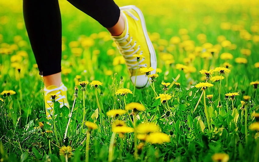 Blumen, Gras, Löwenzahn, Verschiedenes, Verschiedenes, Beine, Turnschuhe, Weglaufen, Laufen, Schuhe HD-Hintergrundbild