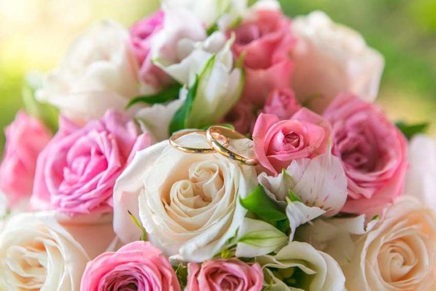 Lovely Bouquet, still life, rings, bouquet, wedding, roses, flowers HD wallpaper