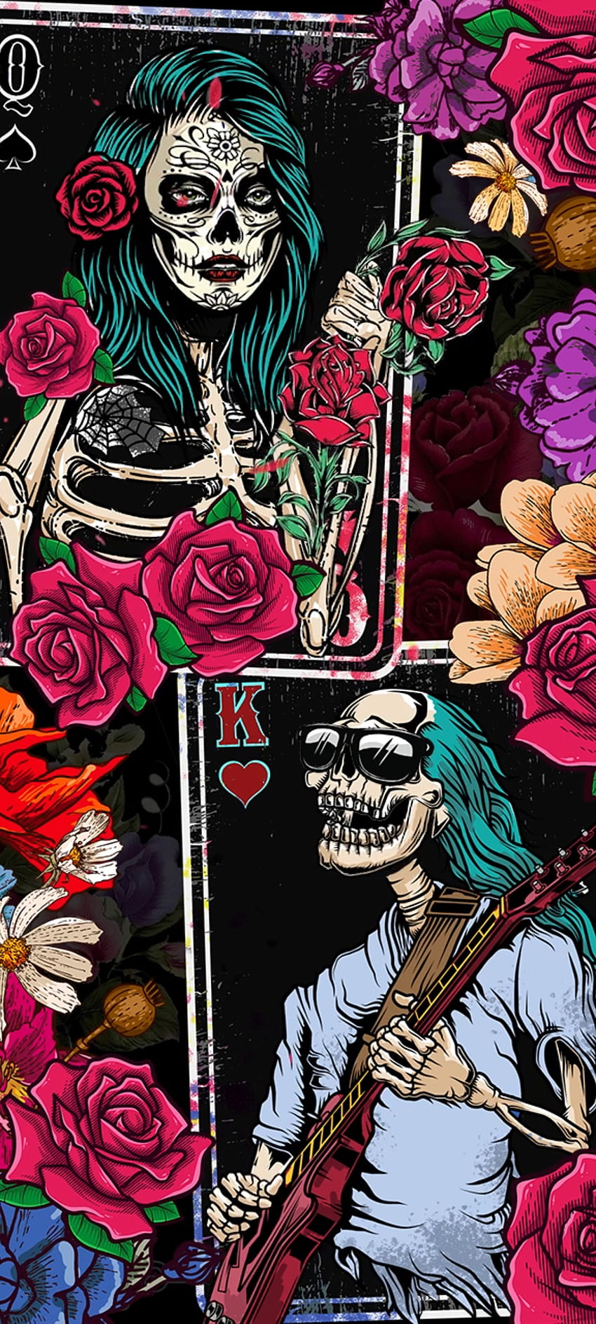 Skull Queen and King, Q, magenta, game, K, card, flower HD phone wallpaper
