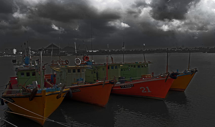 vier boote, fischer, boot, kapal, kuala terengganu HD-Hintergrundbild