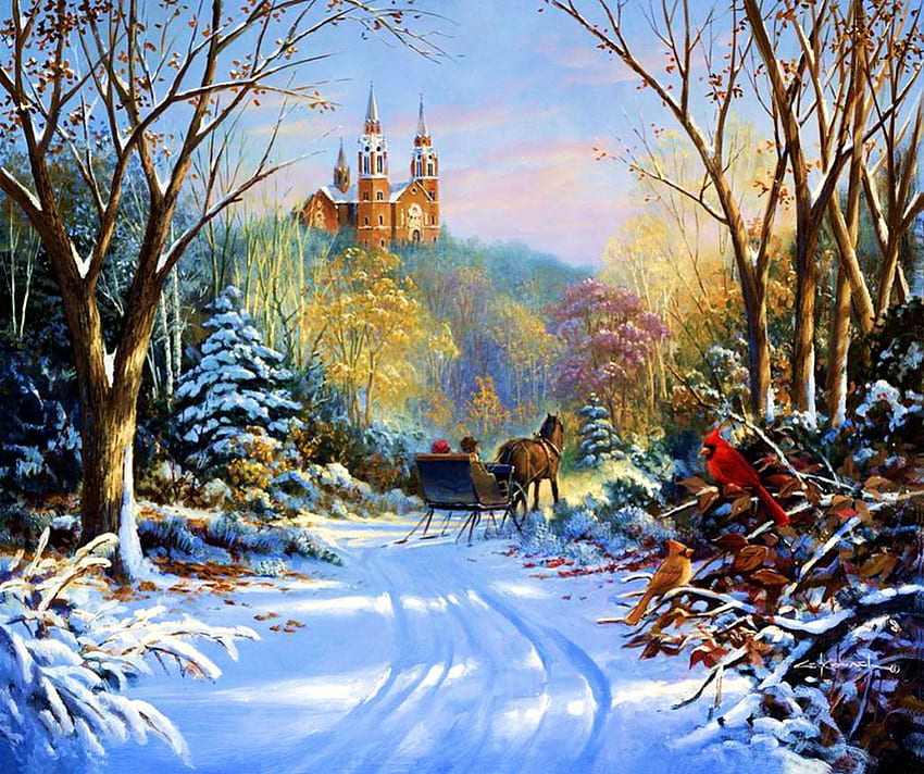 Зимна шейна, кон, птици, пътека, църква, произведения на изкуството, шейна, , сняг, дървета, хълм, кардинали HD тапет