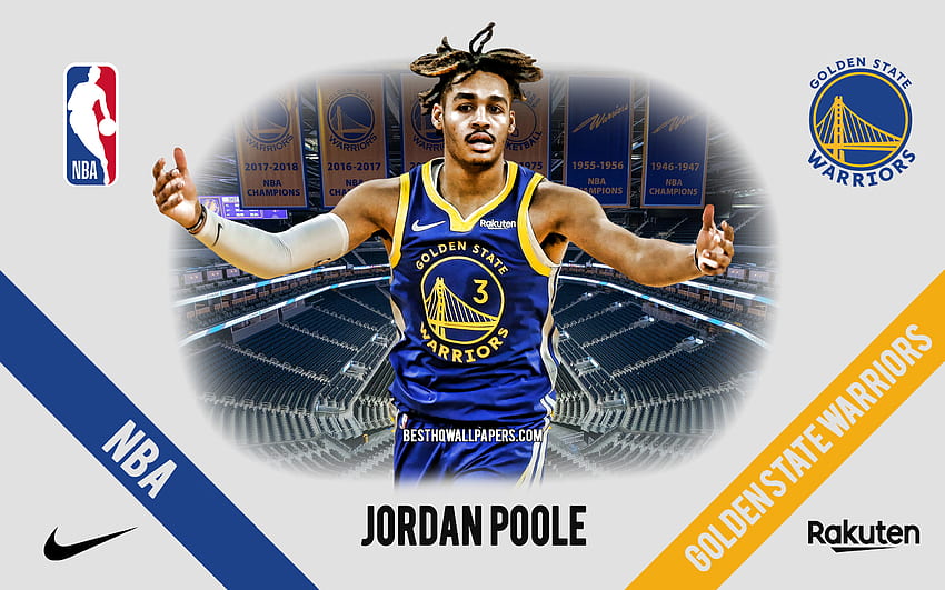 Jordan Poole, Golden State Warriors, amerykański koszykarz, NBA, portret, USA, koszykówka, Chase Center, logo Golden State Warriors z rozdzielczością. Wysoka jakość Tapeta HD