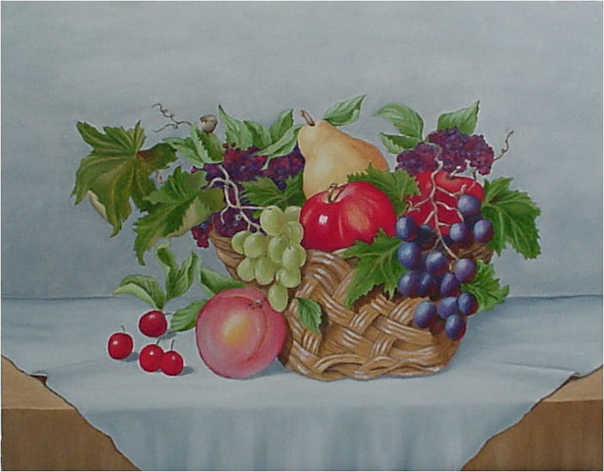 Флорални плодове, маса, грозде, череши, покривка за маса, круши, кошница, ракита, гроздови листа, ябълки, праскови HD тапет