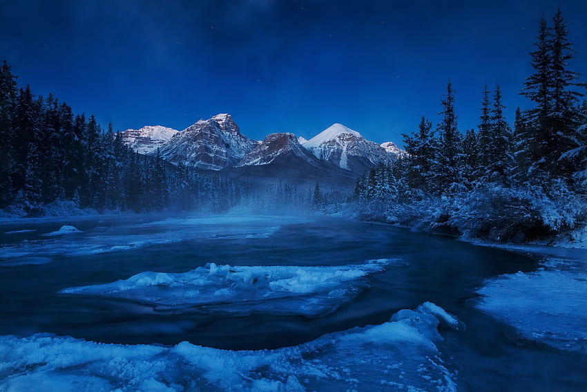 Montagnes : Rocheuses canadiennes Alberta Snow River Hiver Sapins du Canada, paysage canadien Fond d'écran HD