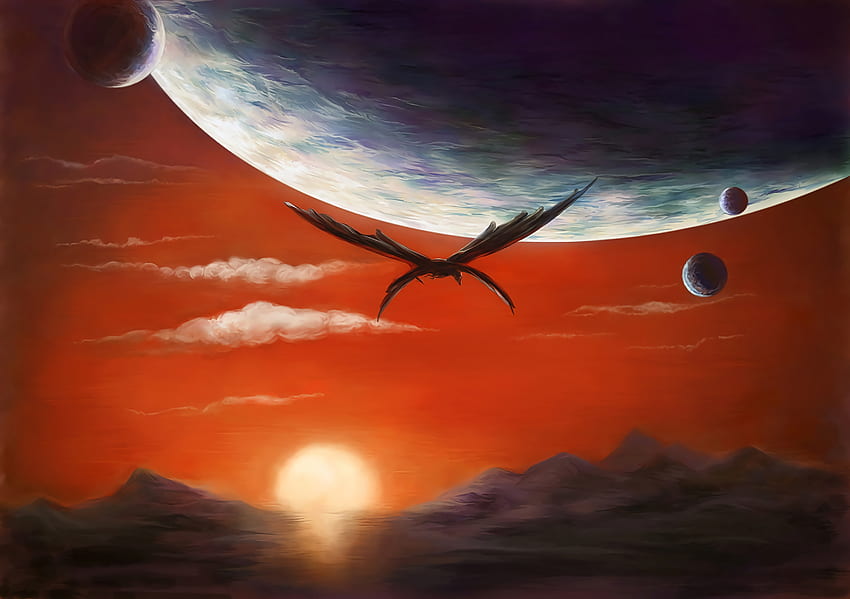 Sunset, Art, Planets, Dragon, Fiction, That's Incredible HD wallpaper