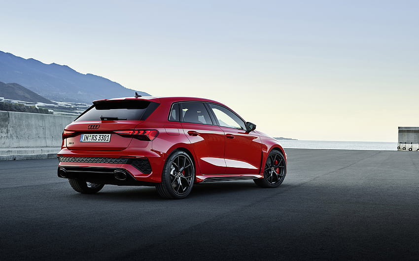 2022, Audi RS3 Sportback, arkadan görünüm, dış cephe, yeni kırmızı RS3 Sportback, yarış pisti, Alman arabaları, Audi HD duvar kağıdı
