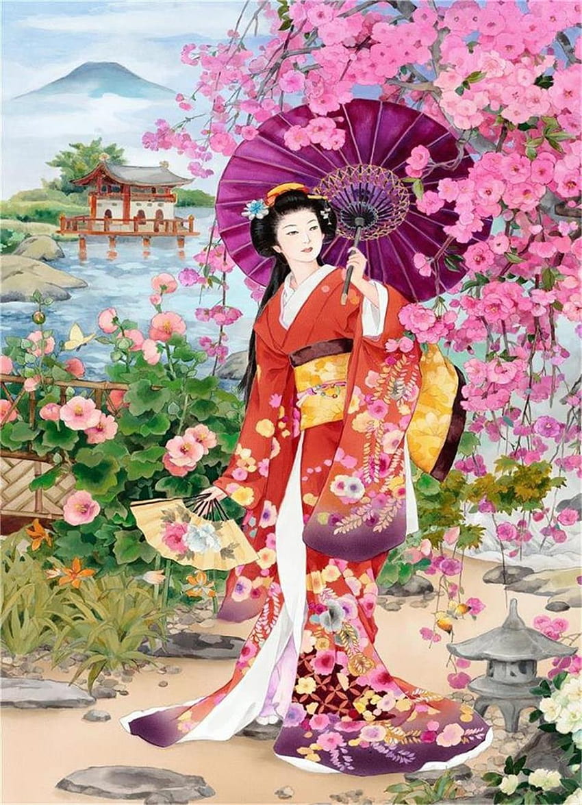 3D custom mural ruang tamu pohon ceri Jepang, Geisha Print wallpaper ponsel HD