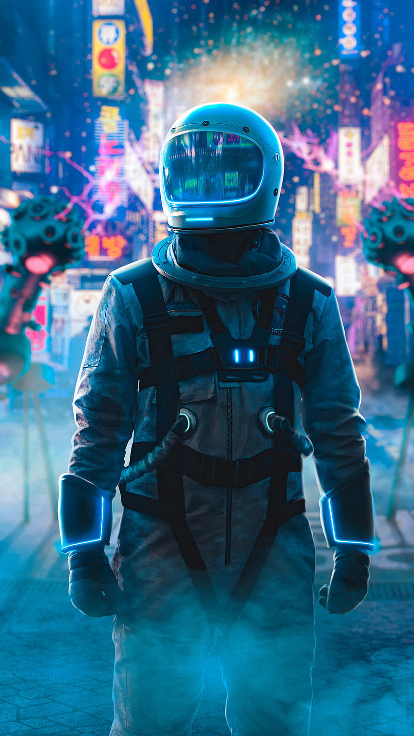 Astronaut Alone In Neon City iPhone 7, 6s, 6 Plus, Pixel xl , One Plus 3, 3t, 5 , , Background, and, 宇宙飛行士ネオンライト HD電話の壁紙