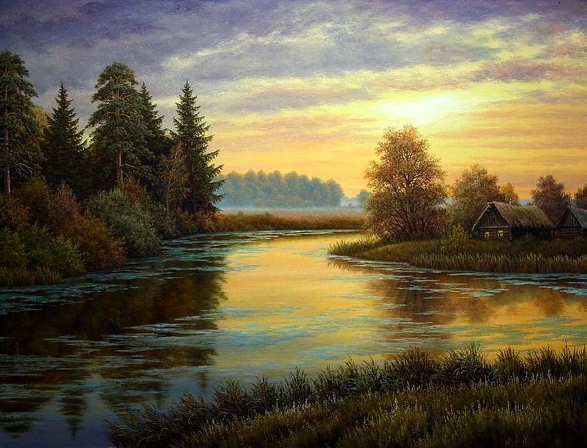 Estanque rural Koshelev en la noche, río, cielo, arte, pintura fondo de pantalla