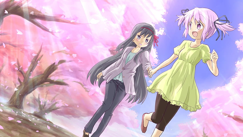 Homura and Madoka, mahou shoujou madoka magica, anime, cherry blossom, akemi homura, kaname madoka HD wallpaper
