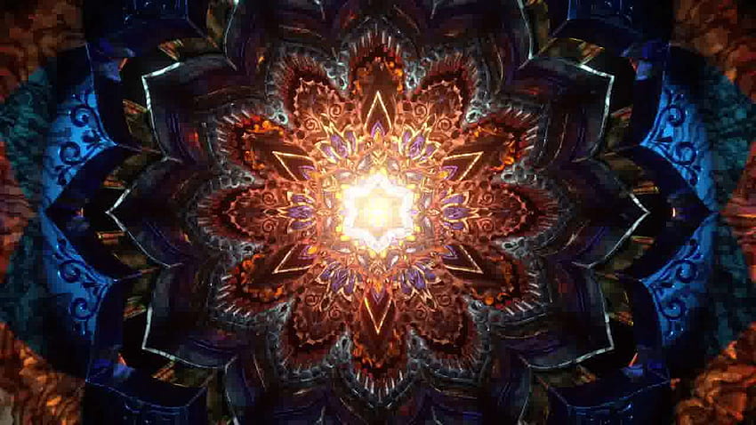Globales Archiv 3D-Kaleidoskop-Mandala Abstrakter Hintergrund der trippigen Kunst psychedelische Trance zum Öffnen des dritten Auges mit visuellen Energie-Chakra-futuristischen audiovisuellen Vj-nahtlosen Schleifenvideos HD-Hintergrundbild
