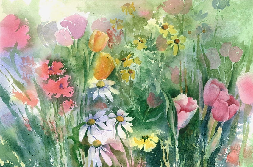 カラフルな春の庭、庭、自然、花、春 高画質の壁紙