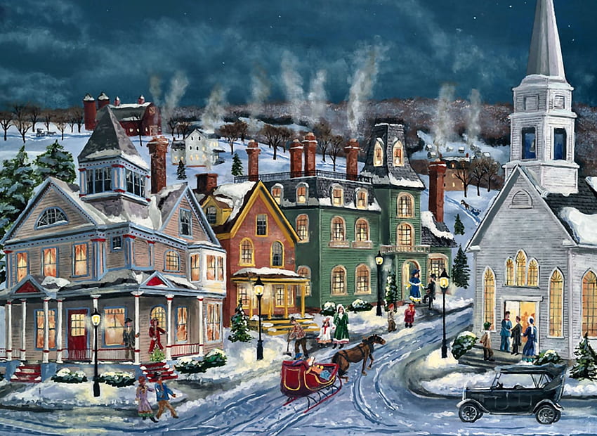 Winters' Eve F1, winter, art, beautiful, cityscape, illustration, artwork, scenery, wide screen, painting, snow HD wallpaper
