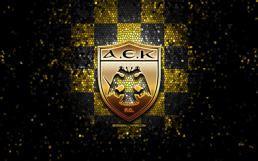 AEK Athènes FC, logo scintillant, Super League Grèce, fond jaune à carreaux noirs, football, club de football grec, logo AEK Athènes, art de la mosaïque, football, AEK Athènes Fond d'écran HD
