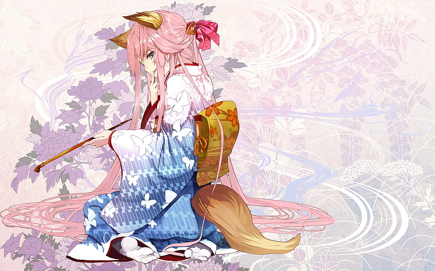 Kecantikan Merokok, pipa merokok, pipa, gadis anime imut, kimono, yukata, rambut merah muda, rambut panjang, ekor, gadis anime, kupu-kupu, kupu-kupu, telinga hewan, bunga, bunga, mata hijau Wallpaper HD