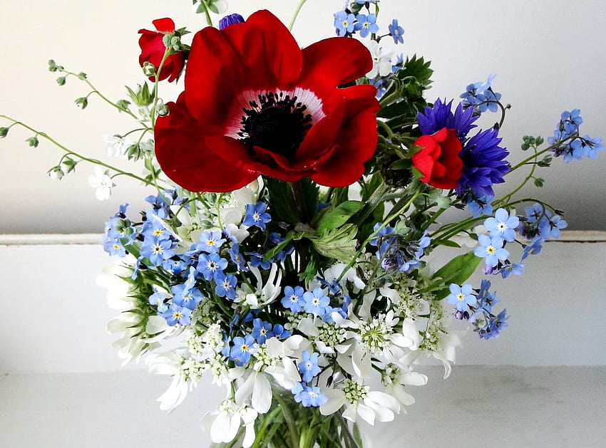 Flowers, Bouquet, Field, Poppy, Cornflower, Forget-Me-Nots HD wallpaper