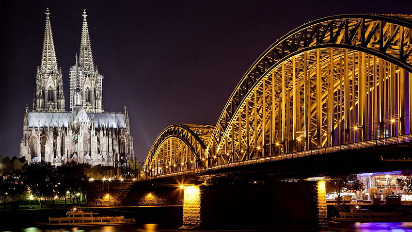 Lampu Kota, Kota, Jembatan, Lanskap Perkotaan, Cityscape, Jerman, Koln, Cologne Wallpaper HD