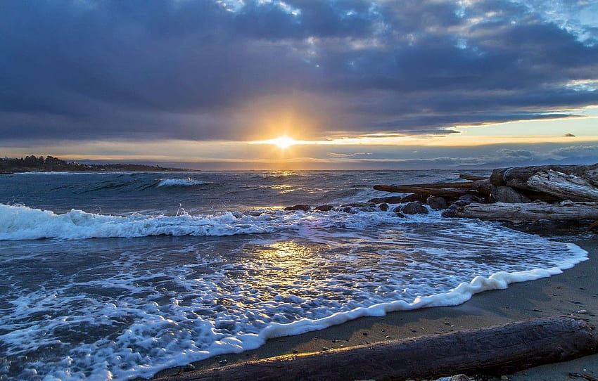 sunrise, the ocean, dawn, coast, Canada, Canada, Pacific Ocean HD wallpaper