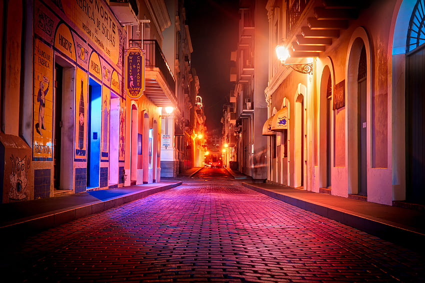 ถนนในเมืองตอนกลางคืน ซานฮวน Old San Juan วอลล์เปเปอร์ HD