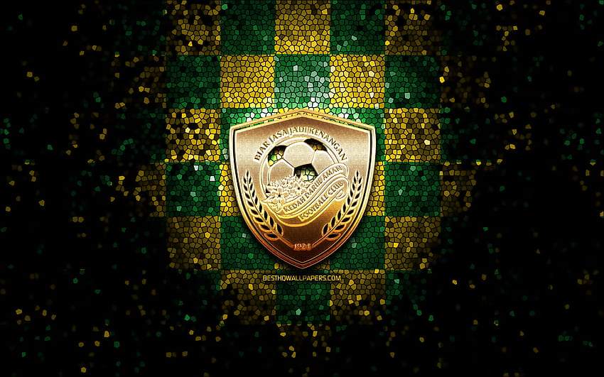 Kedah Darul Aman FC, glitter logo, Malaysia Super League, verde amarelo azul fundo quadriculado, futebol, malaysian football club, Kedah FC logotipo, arte em mosaico, futebol, Kedah FC papel de parede HD