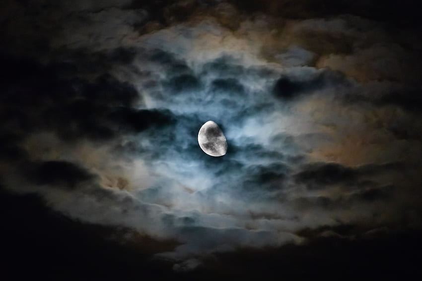 Небе, нощ, облаци, луна, тъмно, облачно, предимно облачно HD тапет