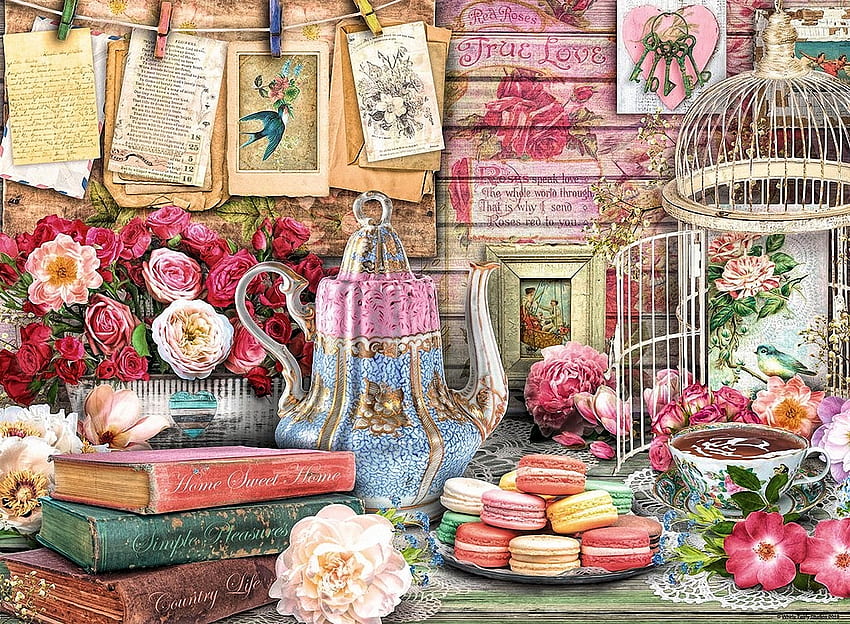 Vintage Tea Party, livros, mesa, bolos, pintura, pássaro, flores, porcelana papel de parede HD