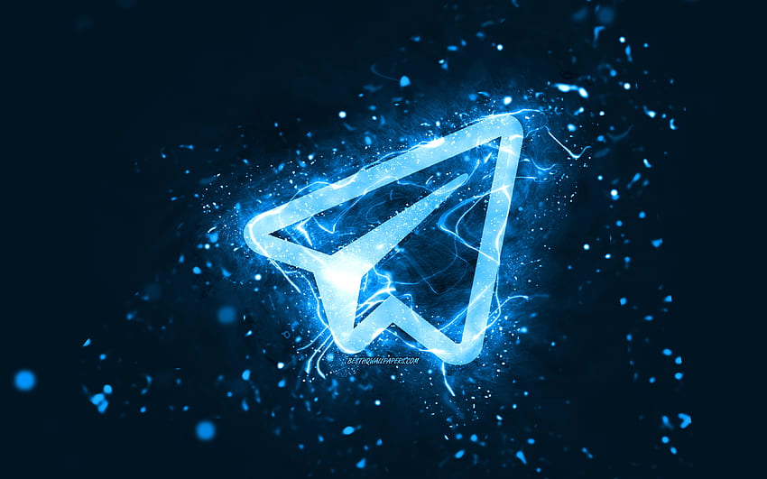Синьо лого на Telegram, , сини неонови светлини, творчески, син абстрактен фон, лого на Telegram, социална мрежа, Telegram HD тапет