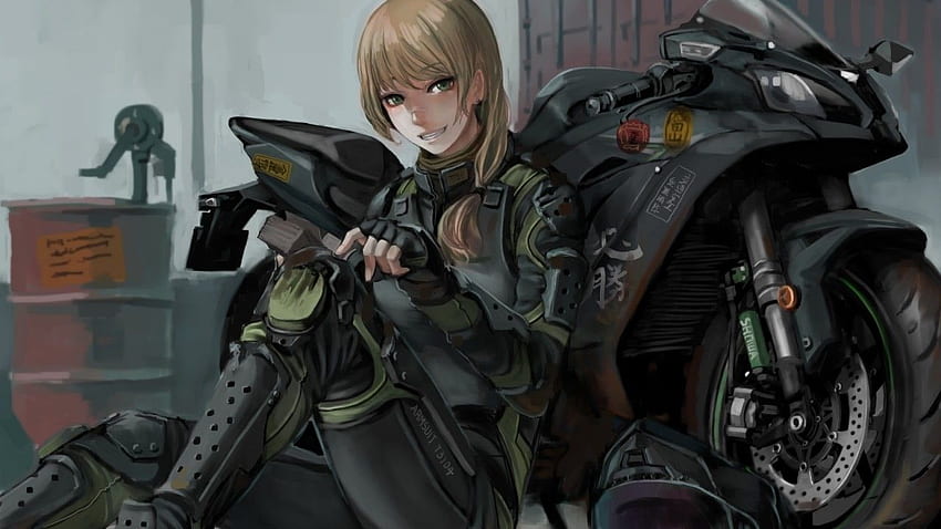 Anime Girl, Smiling, Bodysuit, Motorcycle, Blonde, Armored, Anime Biker Girl HD wallpaper