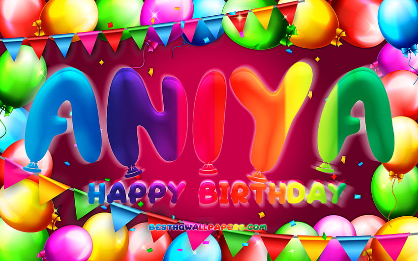 Happy Birtay Aniya, , colorful balloon frame, Aniya name, purple background, Aniya Happy Birtay, Aniya Birtay, popular american female names, Birtay concept, Aniya HD wallpaper