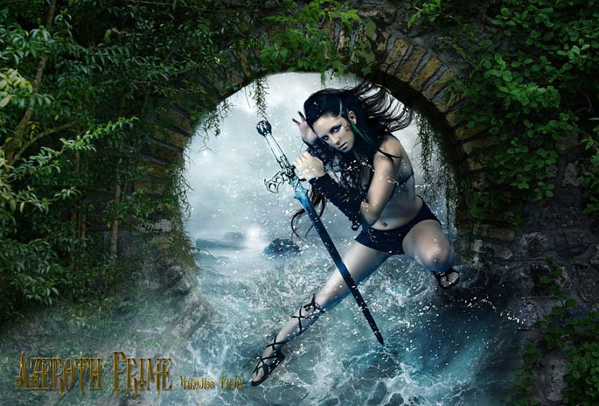 Dschungel, Meer, Schwert, Mädchen, schön, Frau, Wasserfall, Bäume, Wand, Wasser HD-Hintergrundbild