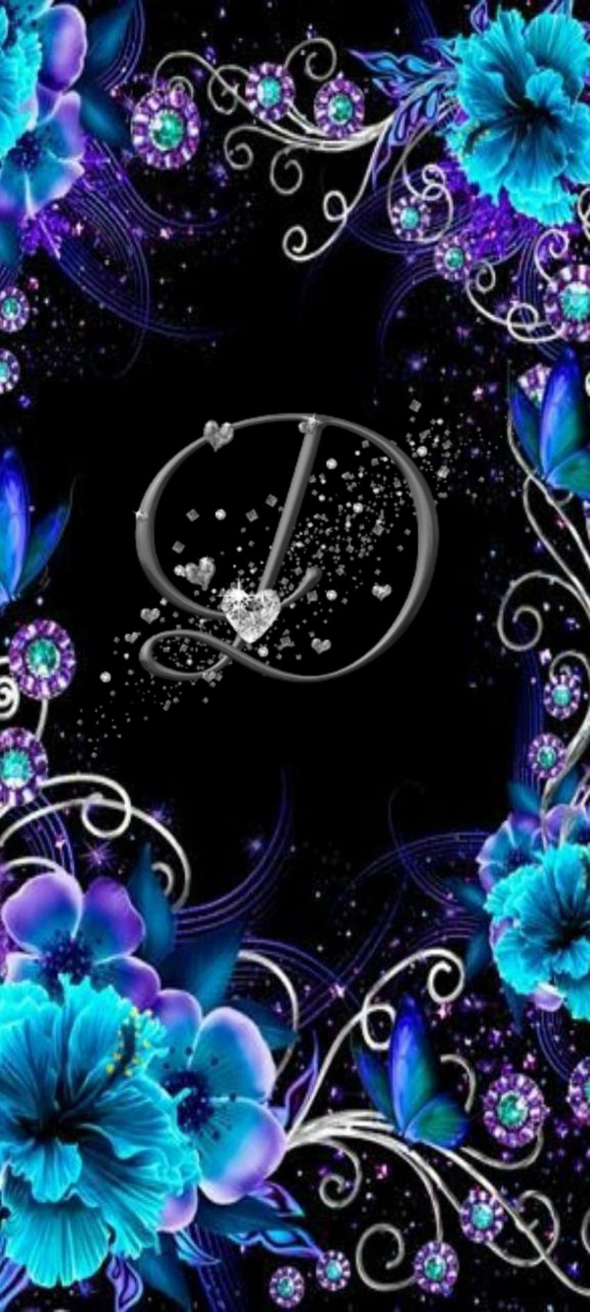 Letter D, flowers, blue, black, hearts, purple, silver, cute HD phone wallpaper