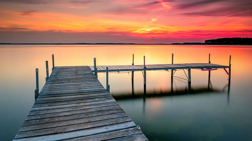 muelle de madera, lago en calma, puesta de sol, , 611a1d, Boardwalk Sunset fondo de pantalla