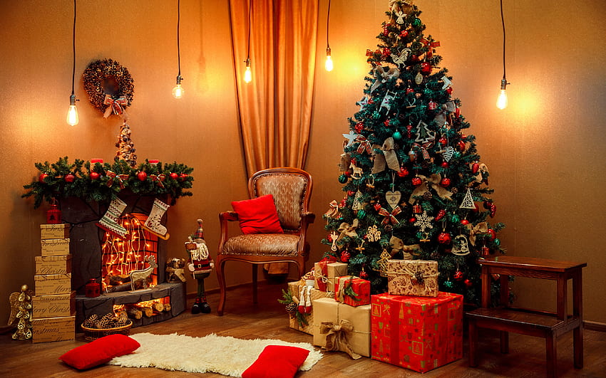 interni natalizi, caminetto, sera di Natale, regali, albero di Natale, buon Natale, decorazioni natalizie Sfondo HD