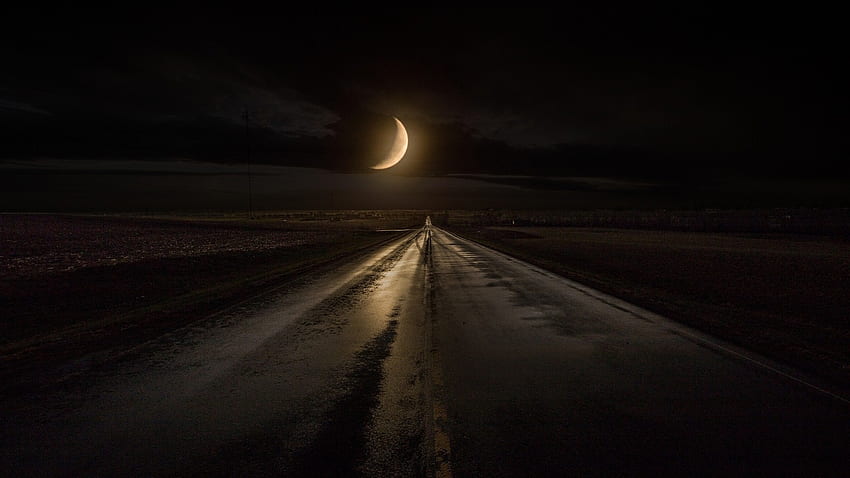 highway to a crescent moon, night, reflection, moon, crescent, highway HD wallpaper