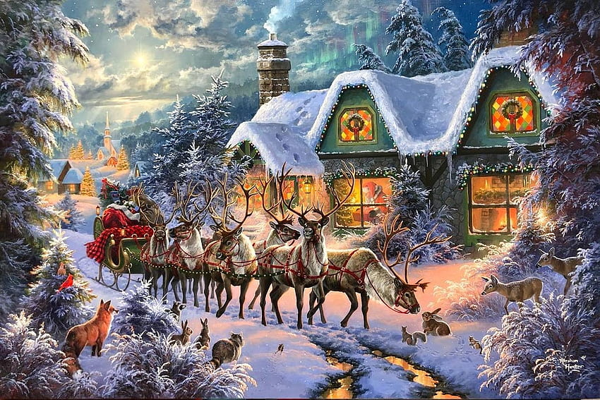 Waiting for Santa, pictura, santa, winter, art, craciun, abraham hunter, fantasy, reindeer, painting, iarna HD wallpaper