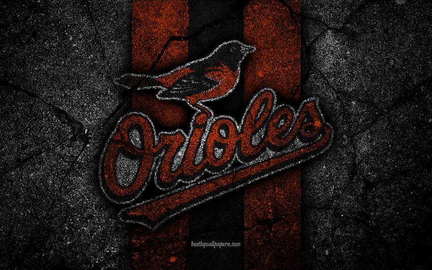 Baltimore Orioles, лого, MLB, бейзбол, САЩ, черен камък, Мейджър лийг бейзбол, текстура на асфалт, изкуство, бейзболен клуб, лого на Baltimore Orioles за с резолюция . Високо качество HD тапет