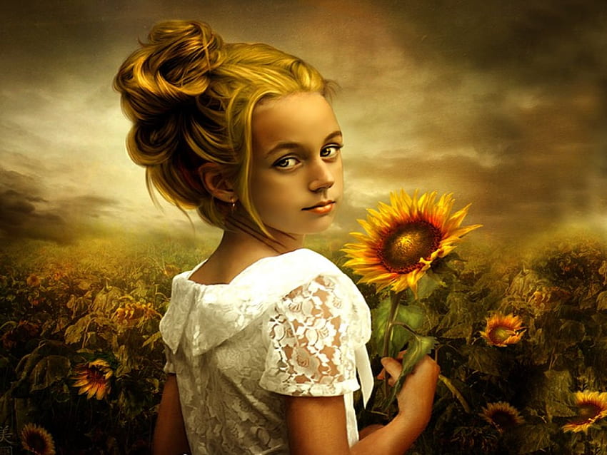 Момиче със слънчогледи, градина, момиче, чистота, красота, златна коса, слънчогледи, жълто, дете, невинност, златен хай HD тапет