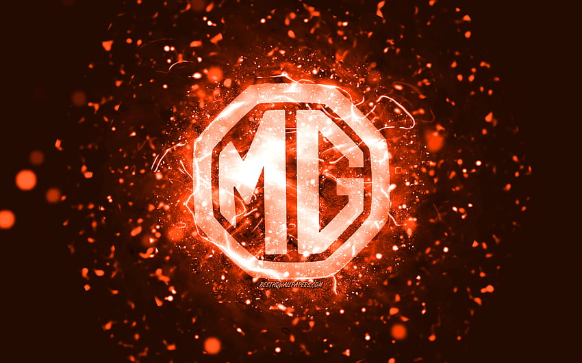 MG-Orange-Logo, , orangefarbene Neonlichter, kreativer, orangefarbener abstrakter Hintergrund, MG-Logo, Automarken, MG HD-Hintergrundbild