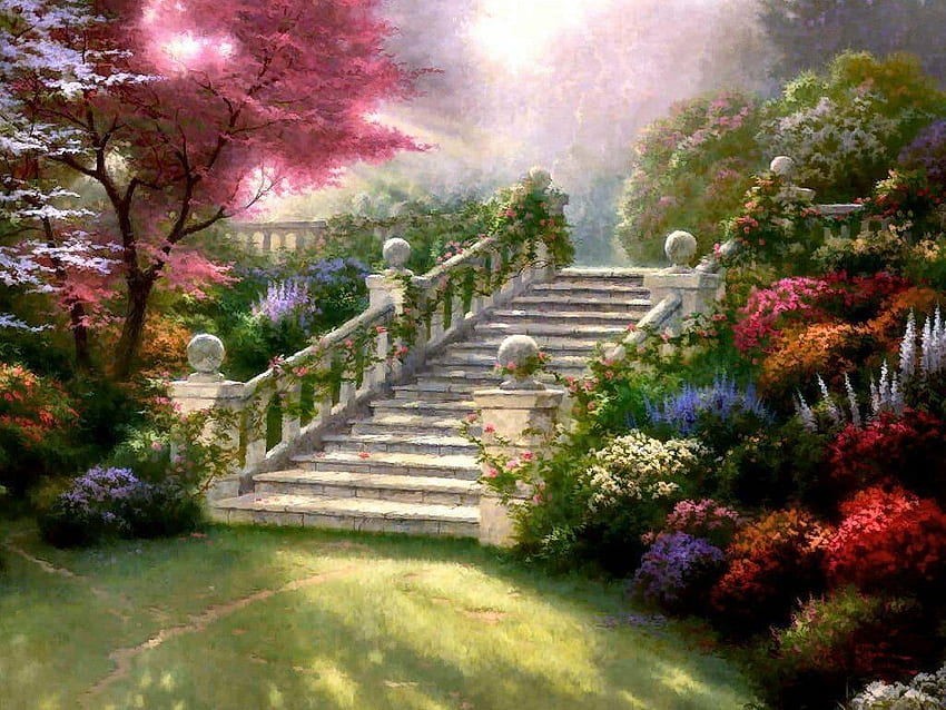 낙원의 정원 . 아름다운 정원, 정원 및 꽃 정원, 3D 정원 HD 월페이퍼