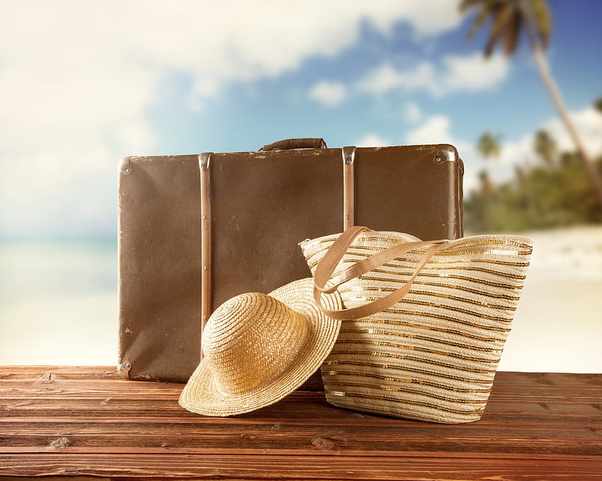 Vacanze estive, estate, borsa, tropicale, cappello, vacanza, spiaggia Sfondo HD