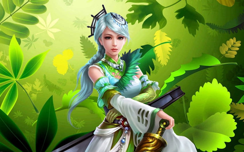 Fantasy girl, leaf, girl, fantasy, green HD wallpaper