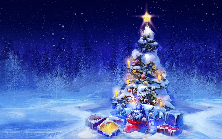 Фантастично коледно дърво, зима, приказка, звезди, здрач, празник, сняг, скреж, подаръци, красиво, дърво, украса, подаръци, фантазия, красиво, коледа, небе, лед HD тапет