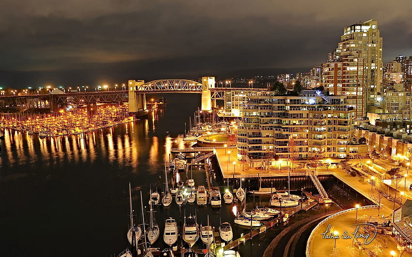 Cities, Night, City, Building, Shine, Light, Pier, Vancouver HD wallpaper