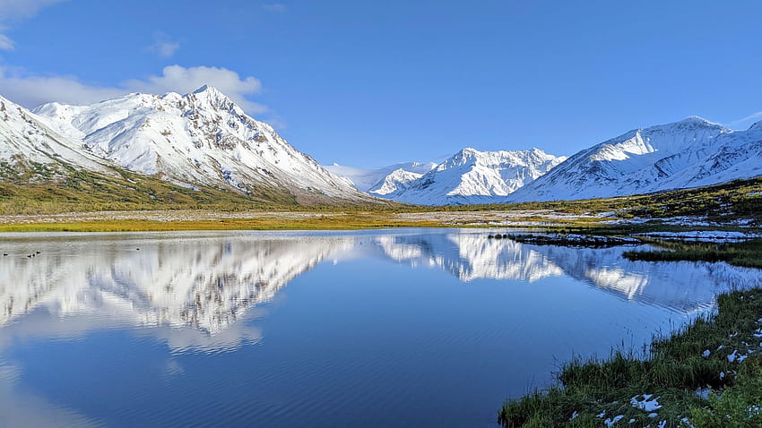 Denali National Park, Alaska, hills, snow, sky, water, usa, lake, reflections, mountain HD wallpaper