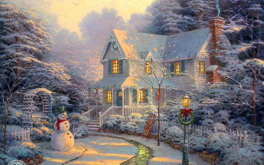 絵画 冬の家 雪だるま トーマス・キンケード 高品質、高精細、クリスマス絵画 高画質の壁紙