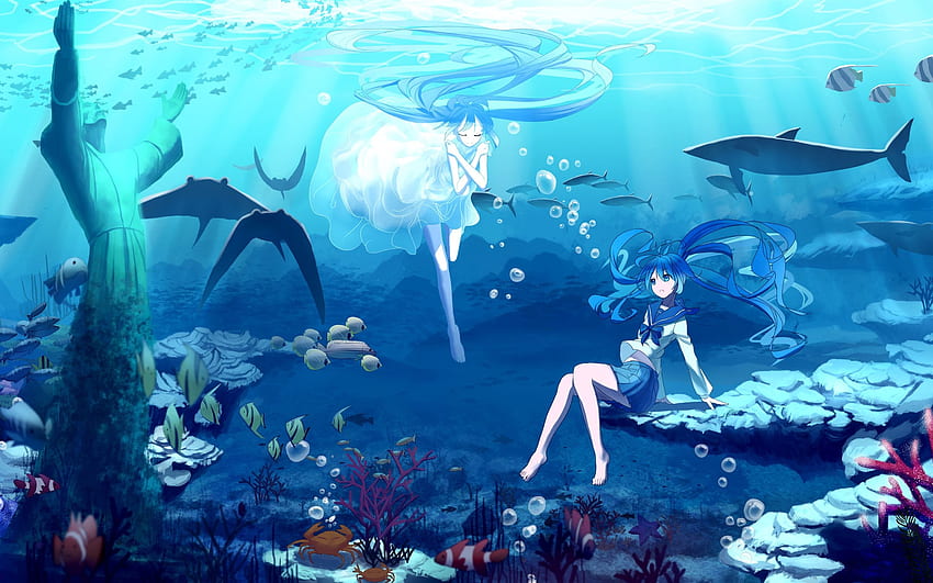 Hatsune Miku, blue hair anime girls, underwater, sea, Anime Ocean HD wallpaper