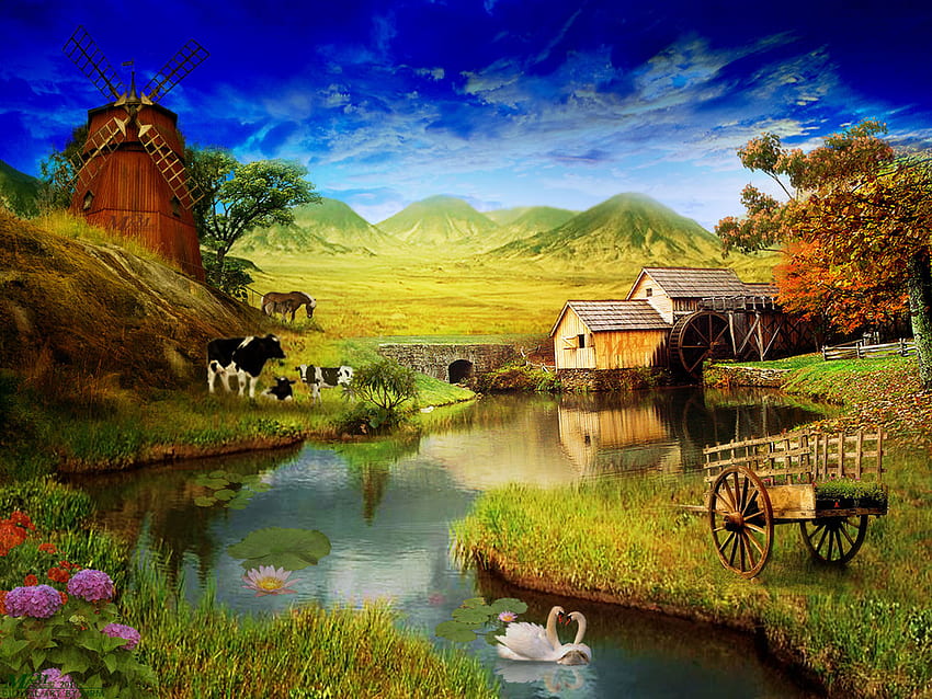Farmhouse, Cute Farm Landscapes HD wallpaper